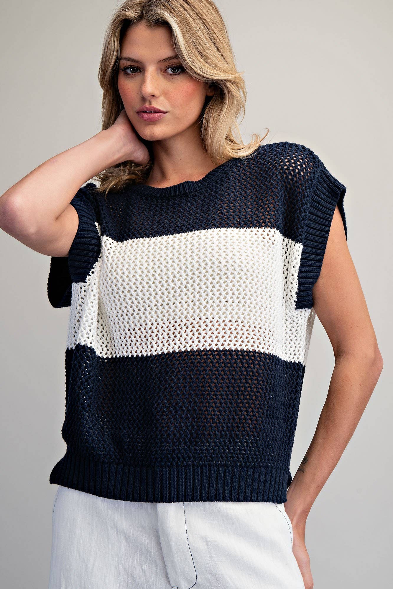 Open Knit Cap Sleeve Sweater Top