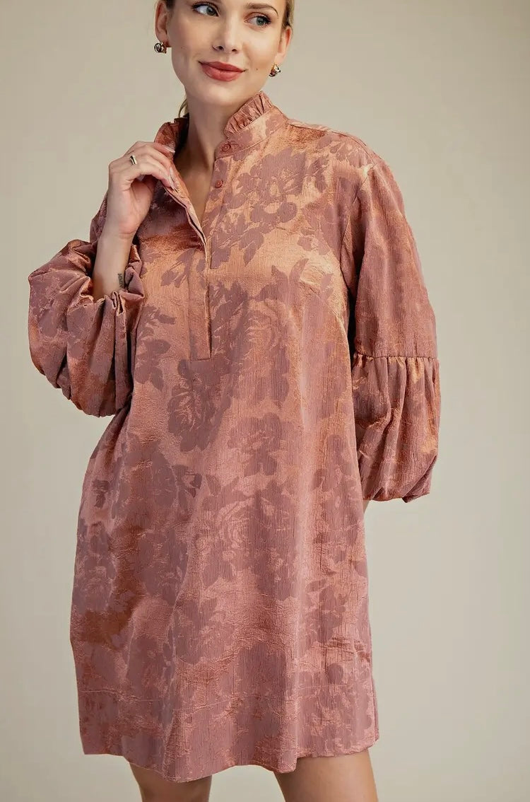Ruffled Neck Bubble Sleeve Dress