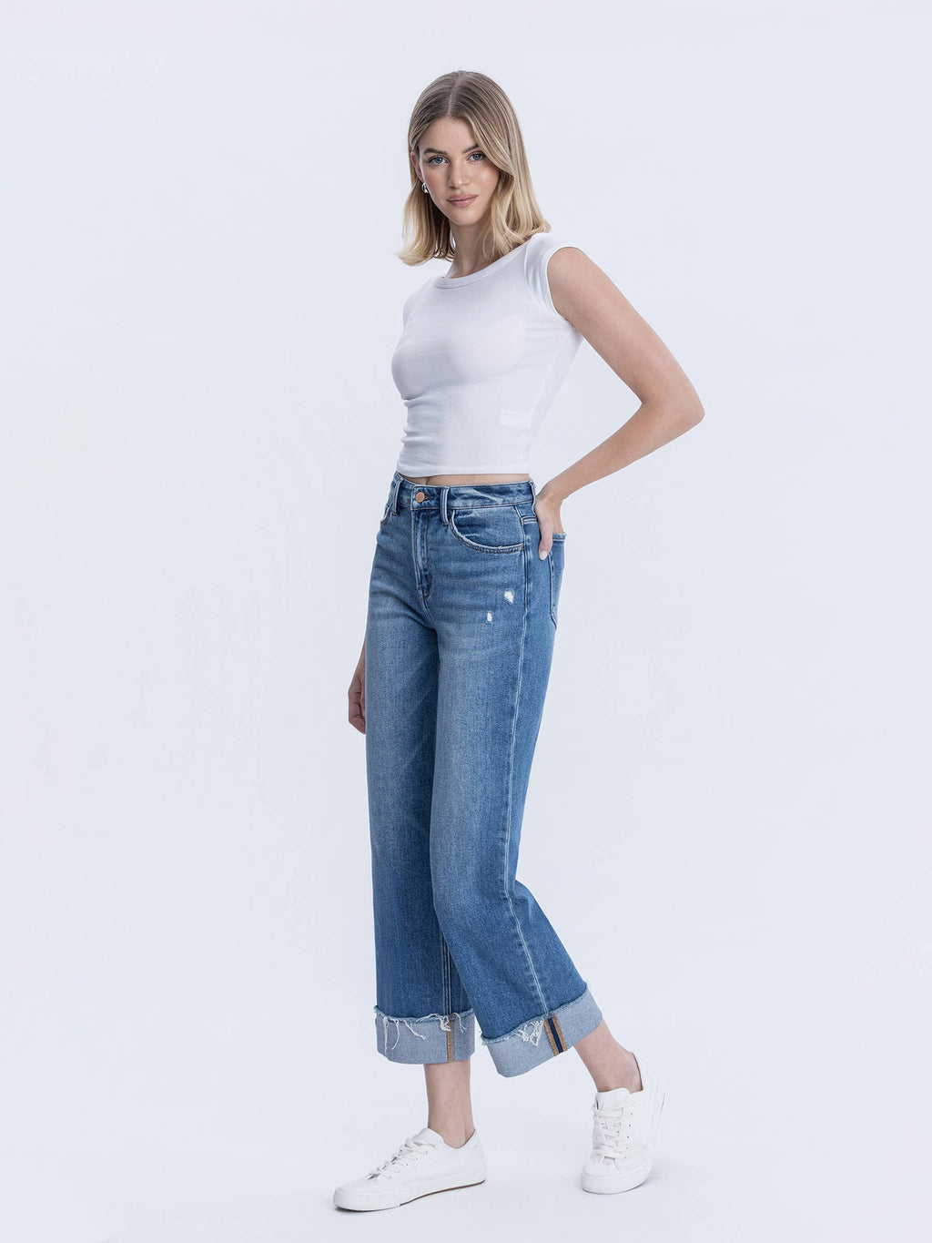 High Rise Raw Cuffed Hem Slim Wide Jeans