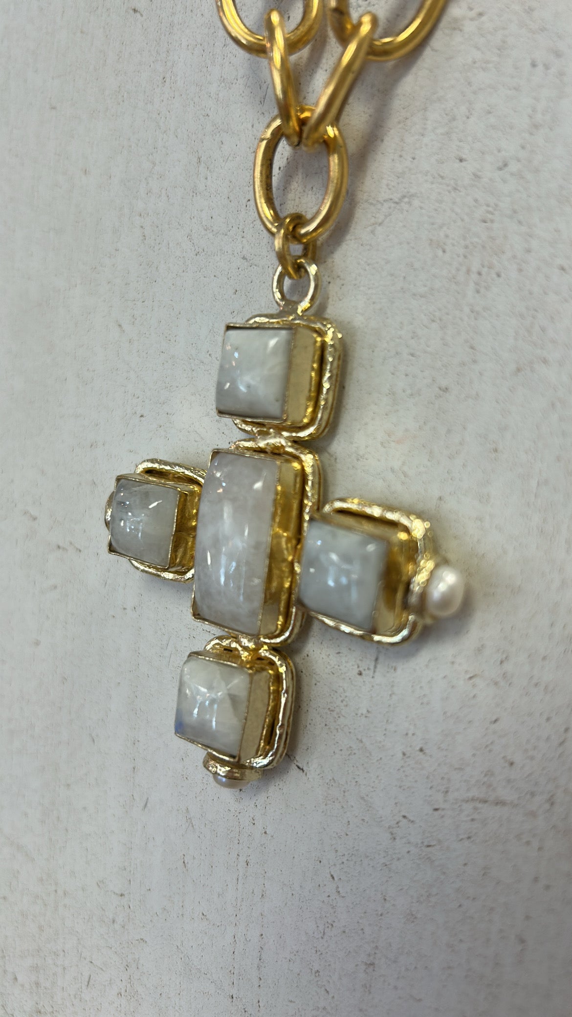 Chunky Rainbow Moonstone Pendant Cross Necklace