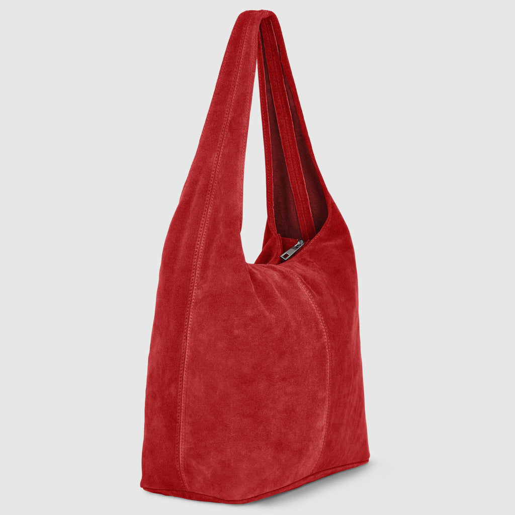 Suede Leather Hobo Bag Red Suede