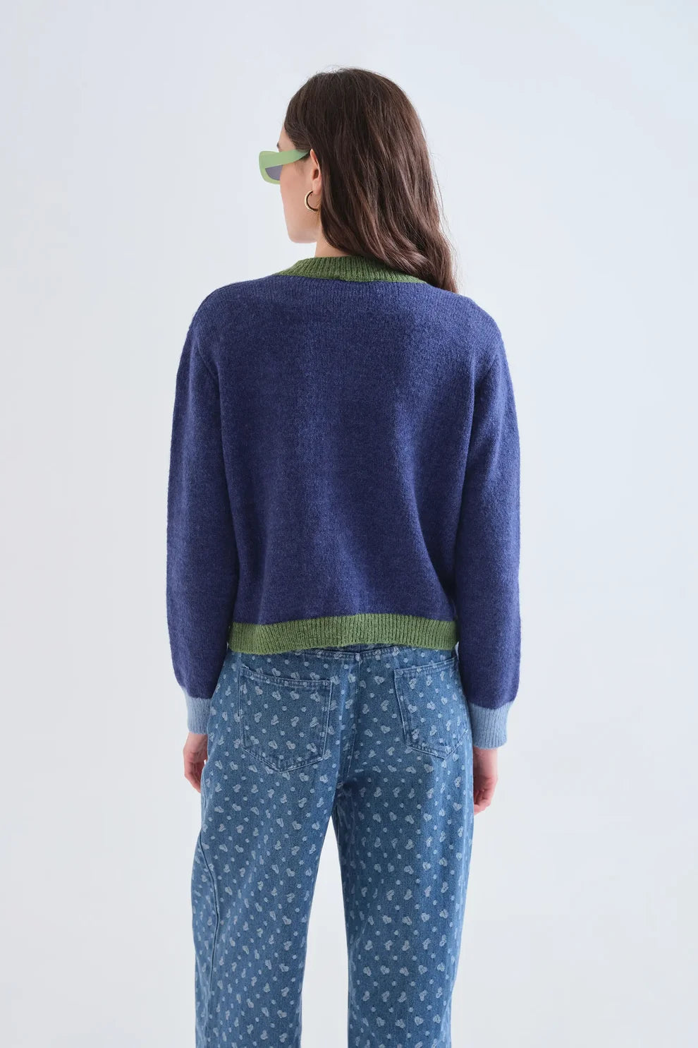 Blue and Green Two-Tone Knit Cardigan