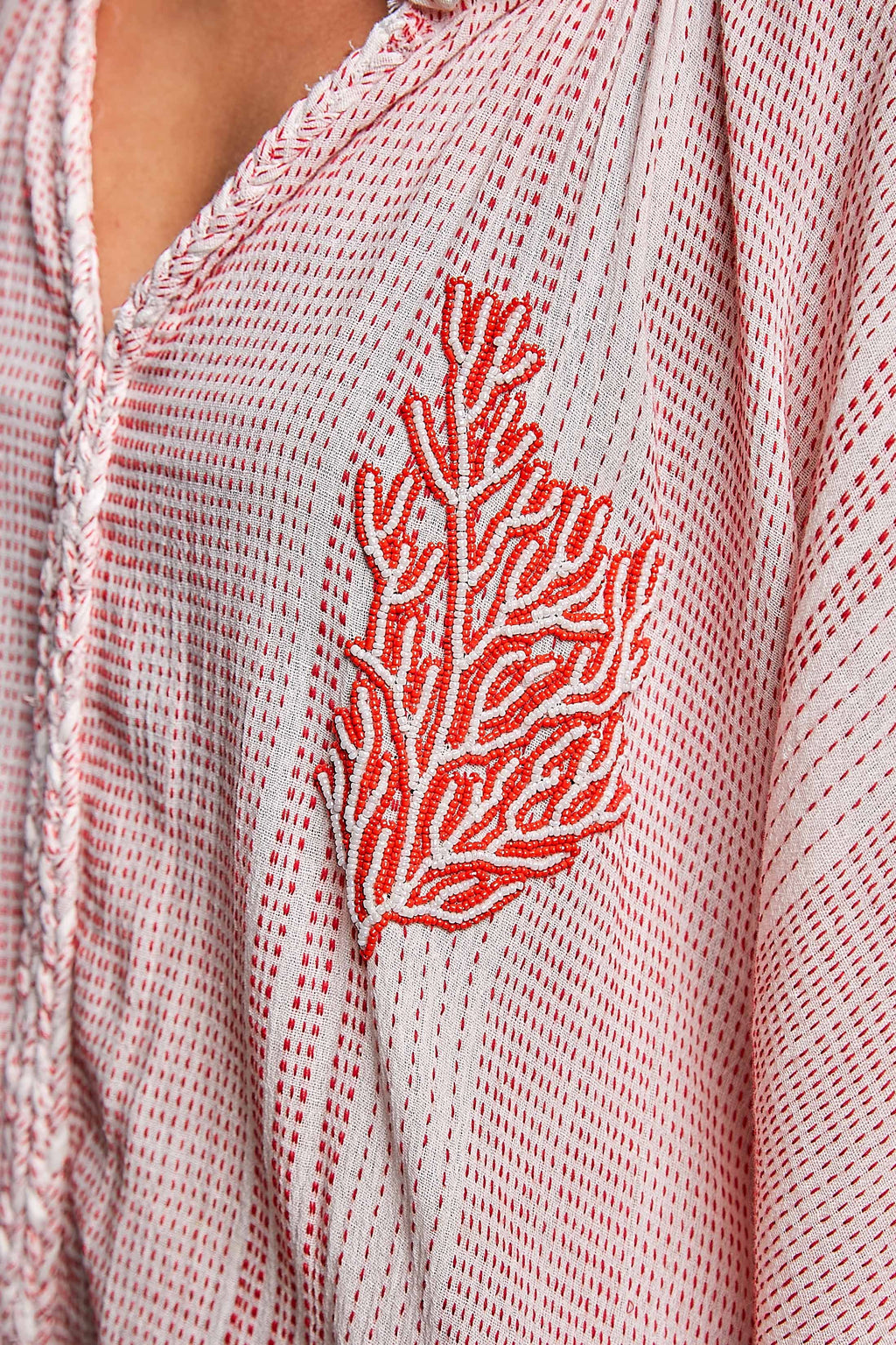 Coral Beading Bold Embroidery Tassel Tie Sleeve Woven Top