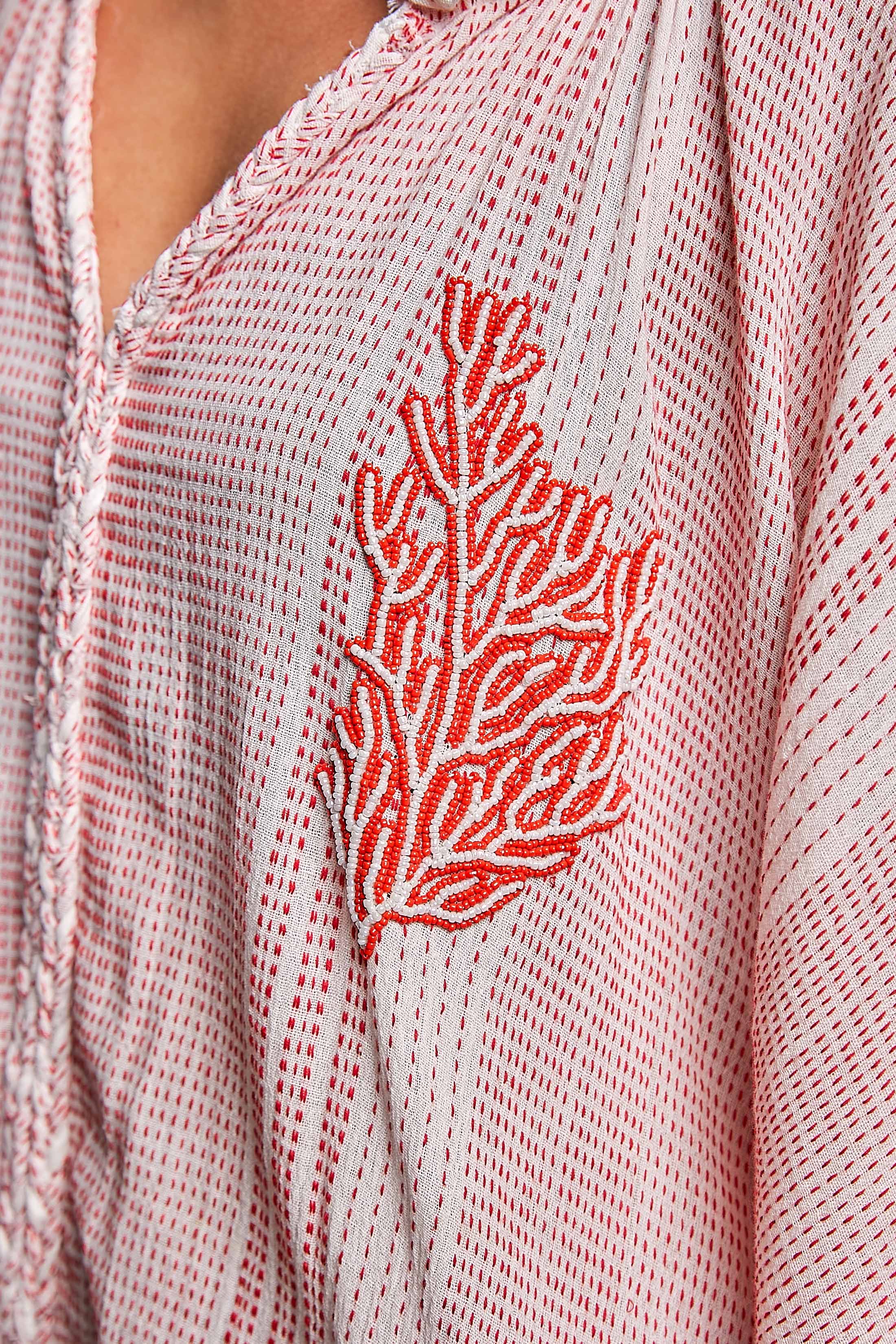Coral Beading Bold Embroidery Tassel Tie Sleeve Woven Top