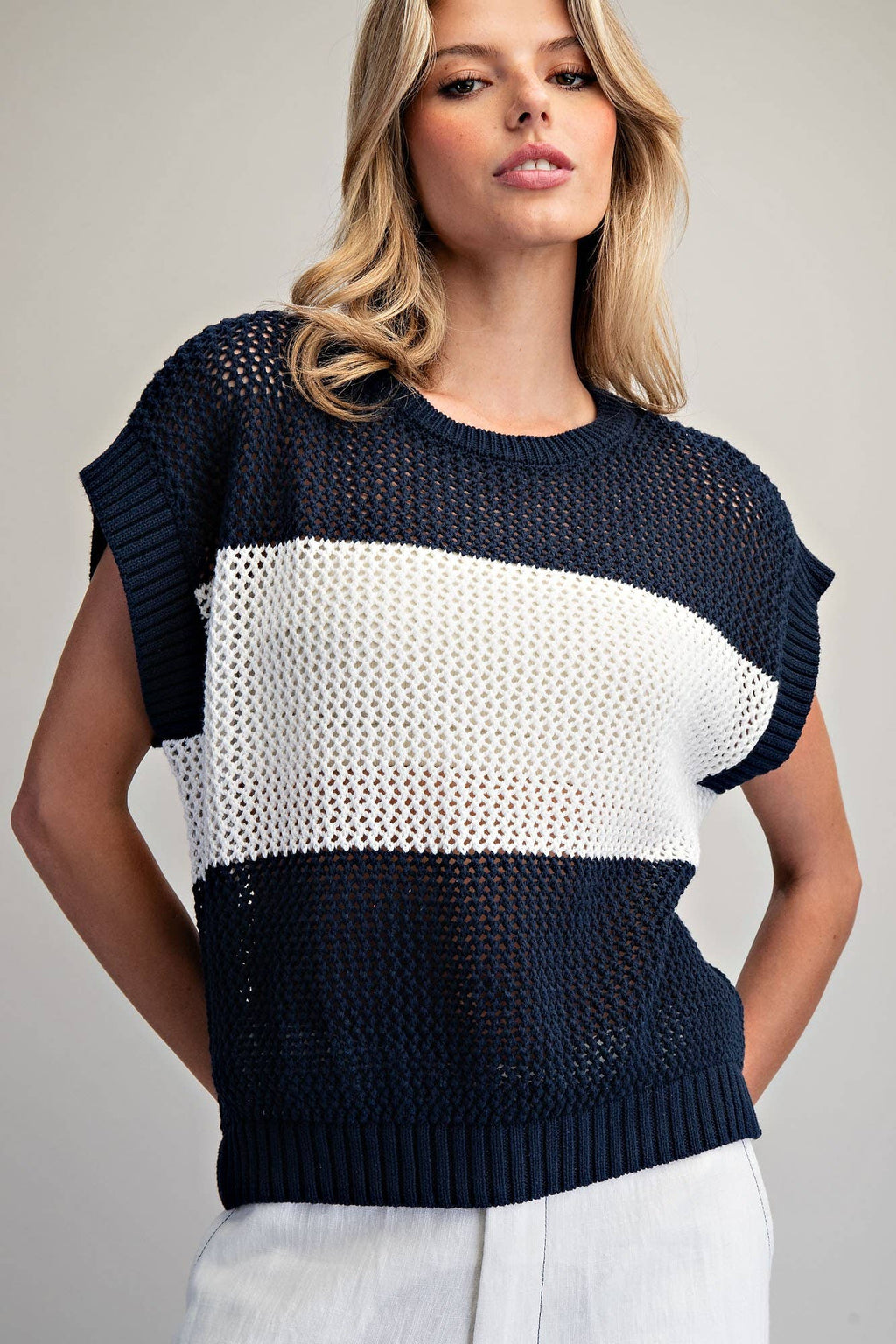 Open Knit Cap Sleeve Sweater Top