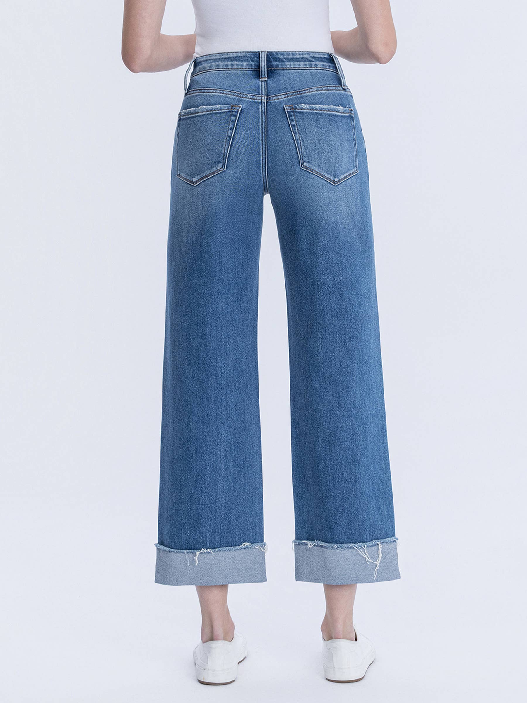 High Rise Raw Cuffed Hem Slim Wide Jeans