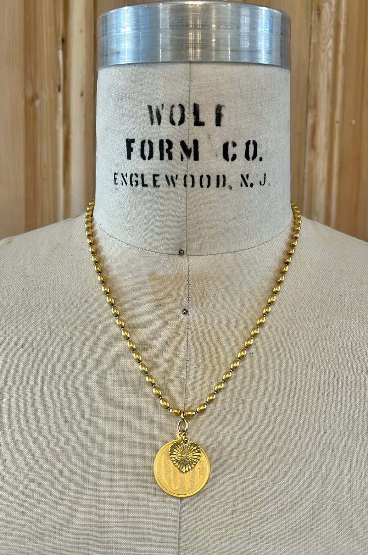 Gold Rice Beaded Chain with small heart & Love Pendant 107