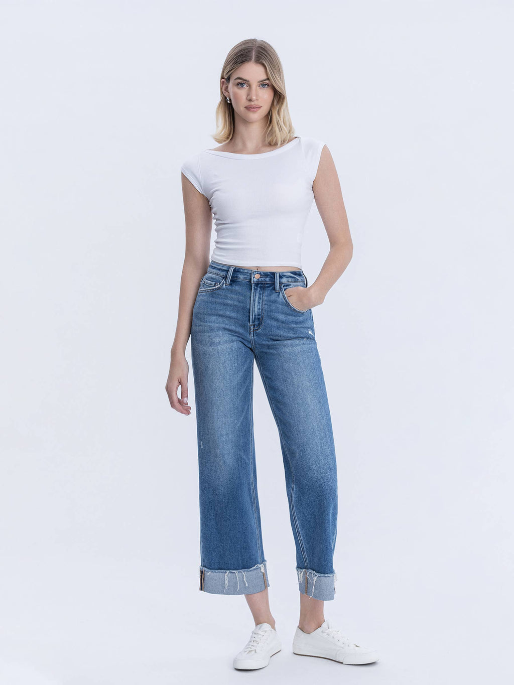 High Rise Raw Cuffed Hem Slim Wide Jeans