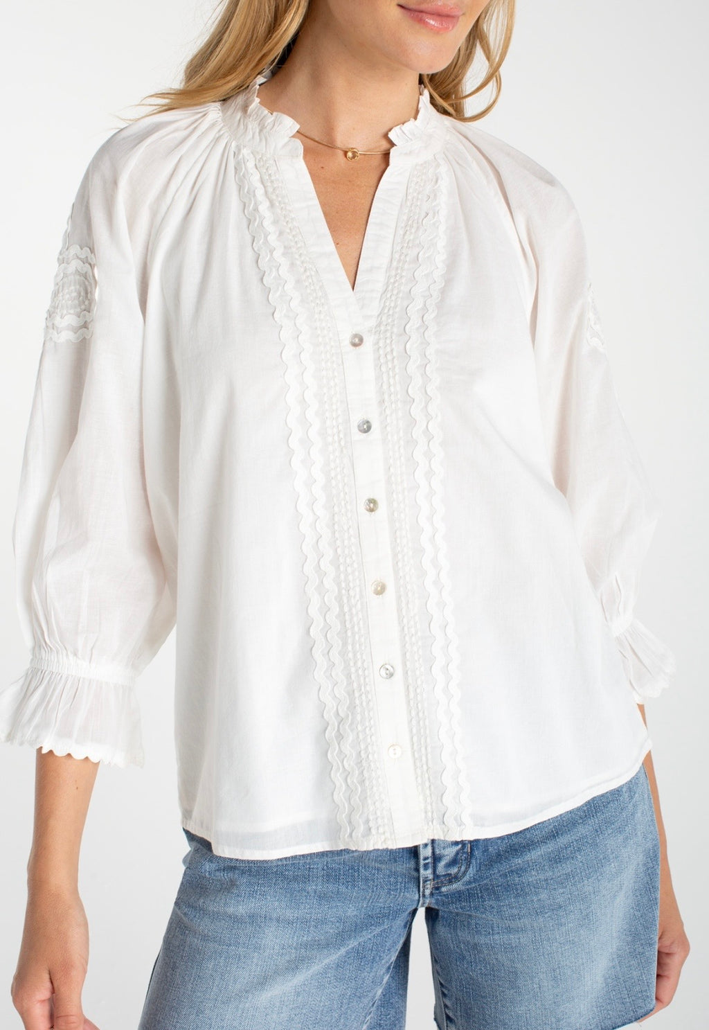 3/4 Sleeve Button Front Woven Top