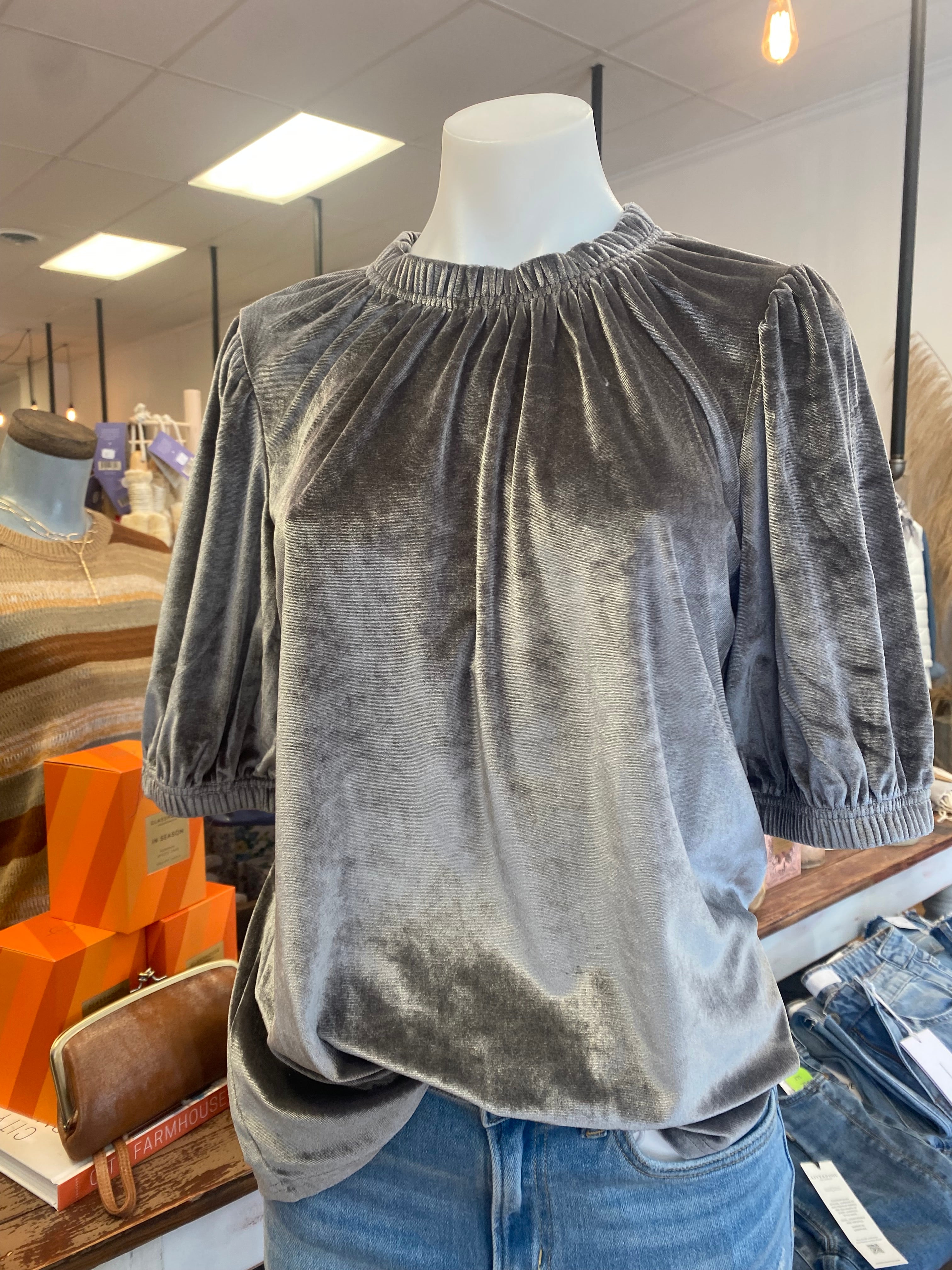 Velvet Rouched Neck Top Grey