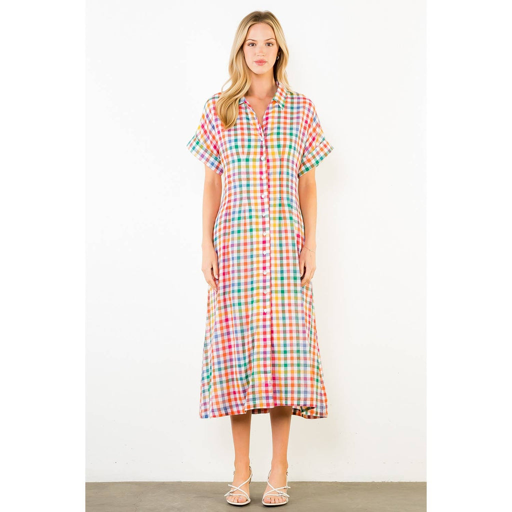 Short Sleeve Plaid Button Down Dress