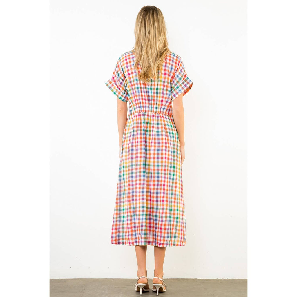 Short Sleeve Plaid Button Down Dress