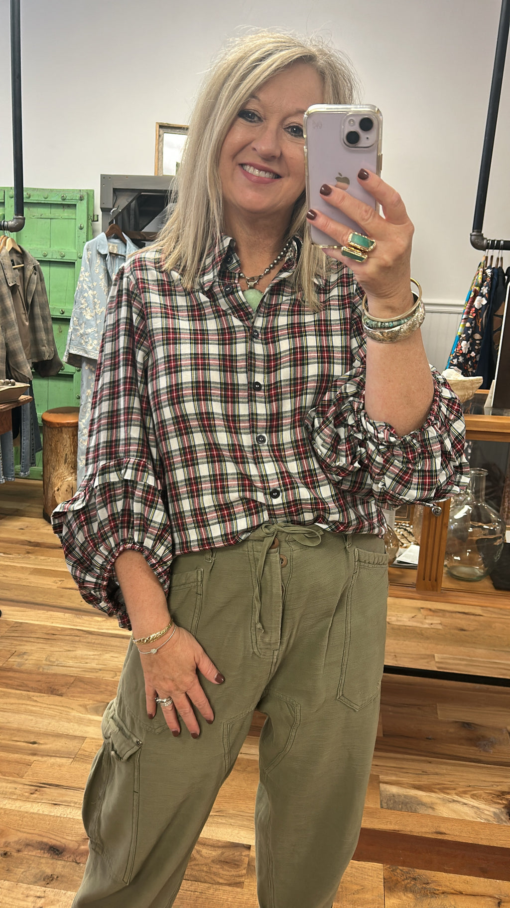 Plaid Balloon Sleeve Top