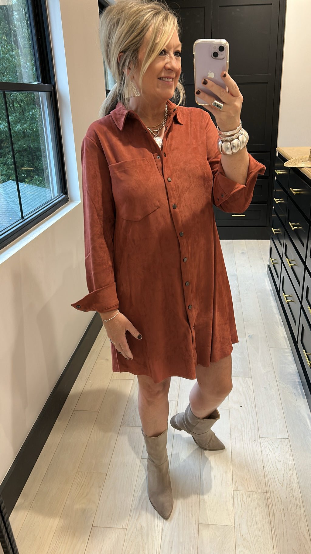 Long Sleeve Mini Faux Suede Shirt Dress