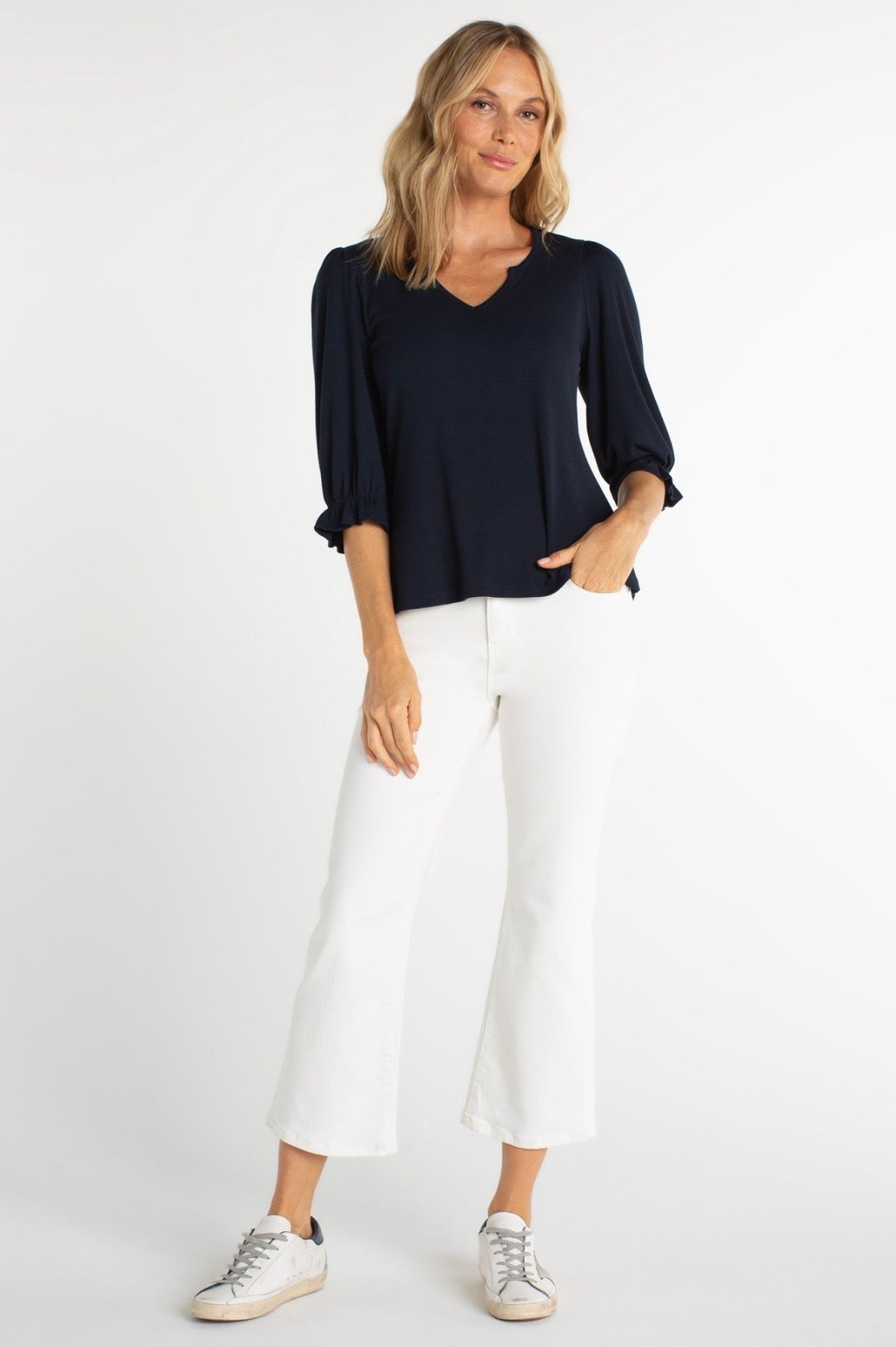 Elbow Sleeve Notch Knit Tee