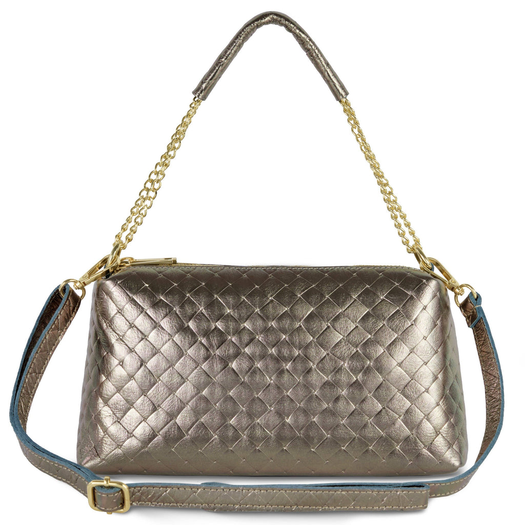 Weave Metallic Suede Leather Shoulder Bag Weave Metallic Bronze