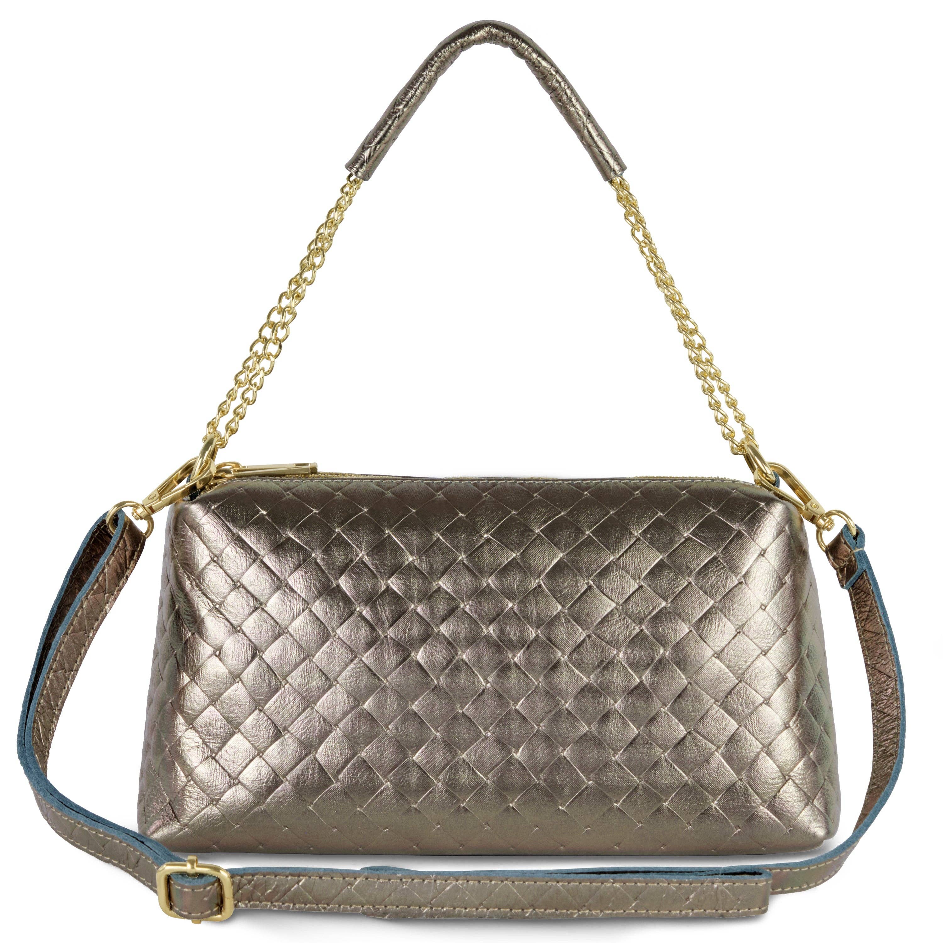 Weave Metallic Suede Leather Shoulder Bag Weave Metallic Bronze