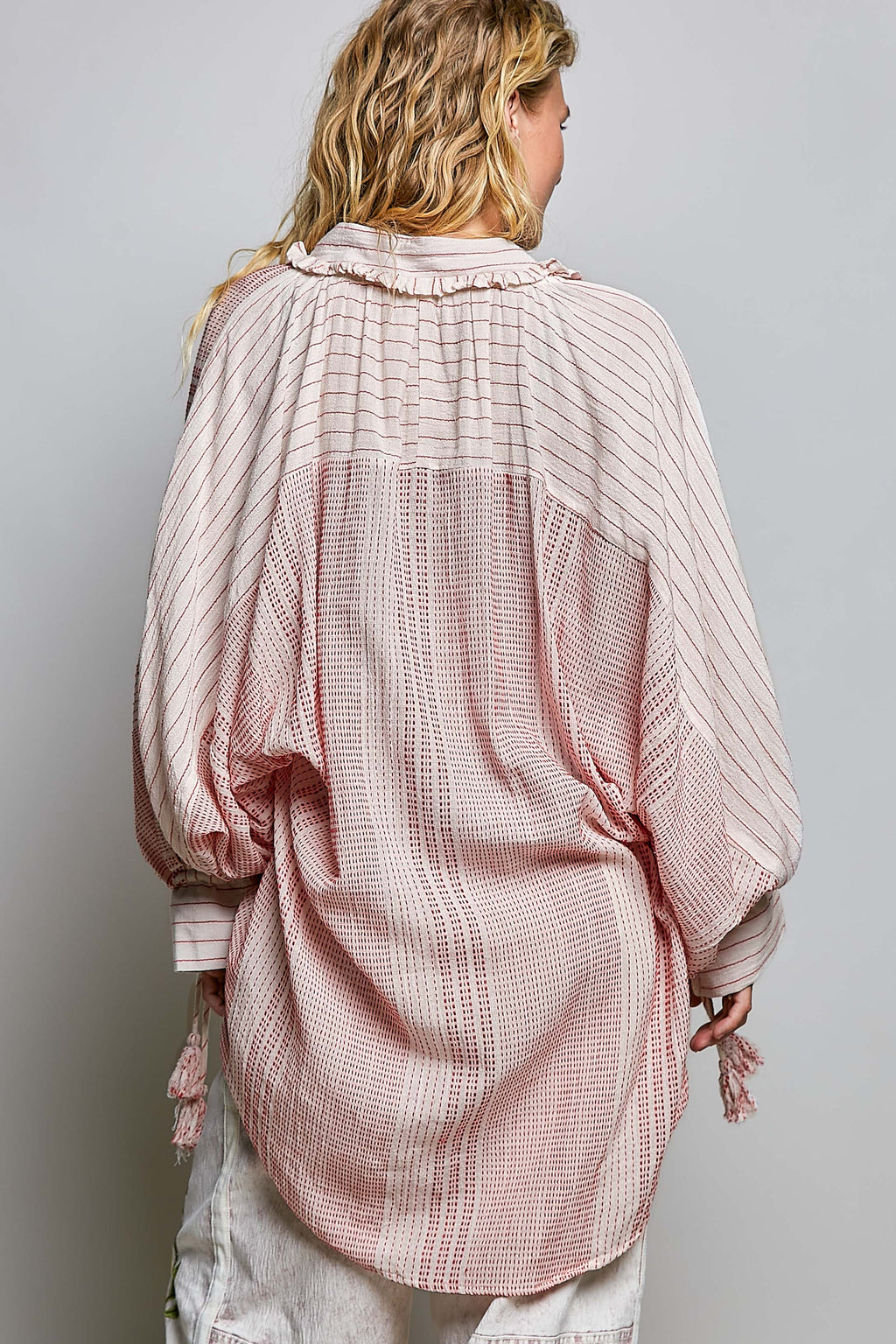 Coral Beading Bold Embroidery Tassel Tie Sleeve Woven Top