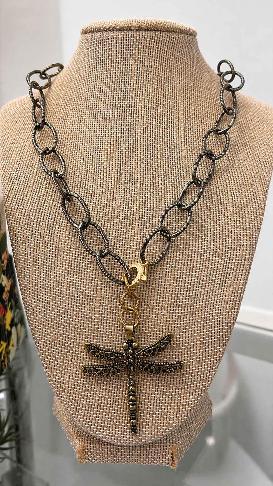 Mixed Metal Chain Necklace with Dragonfly Pendant S12