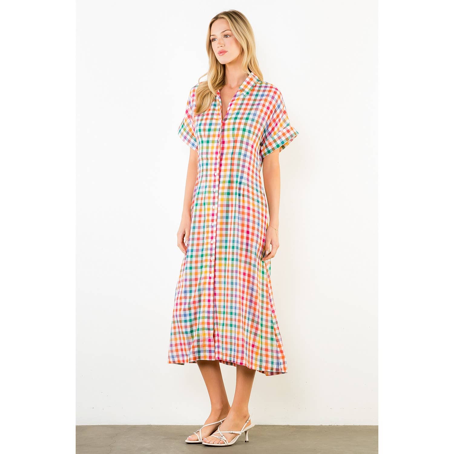 Short Sleeve Plaid Button Down Dress