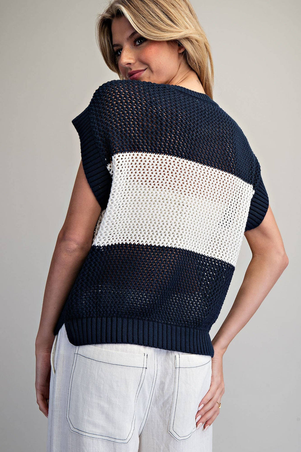 Open Knit Cap Sleeve Sweater Top