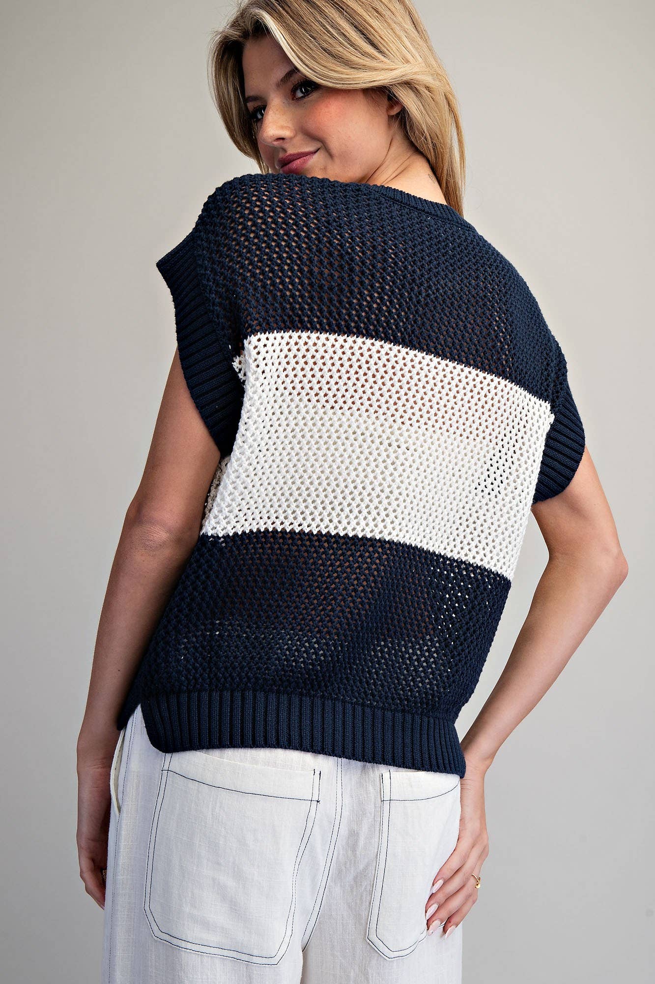 Open Knit Cap Sleeve Sweater Top