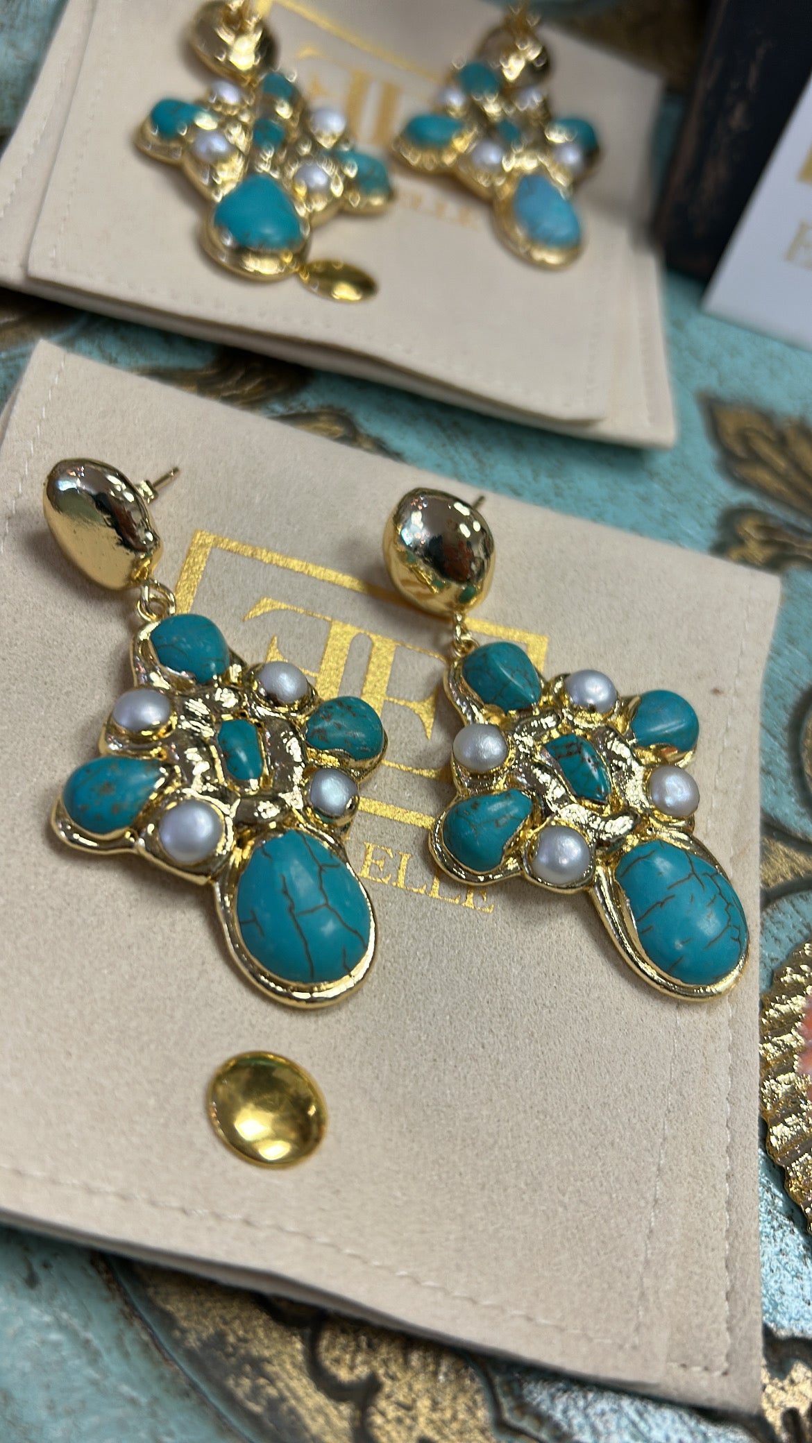 Cross Turquoise & Pearl Earrings