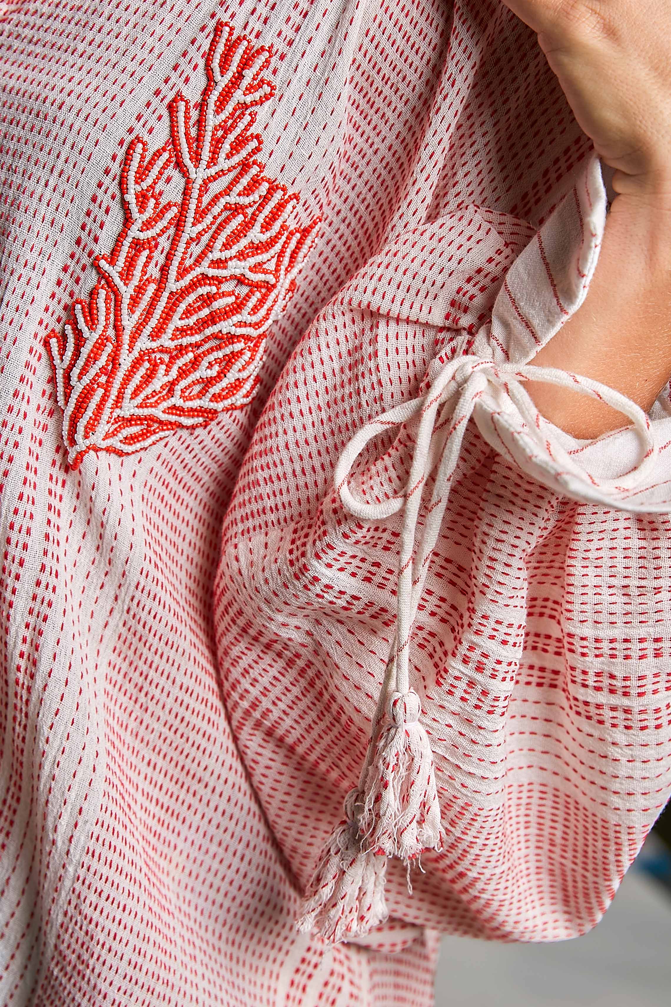 Coral Beading Bold Embroidery Tassel Tie Sleeve Woven Top