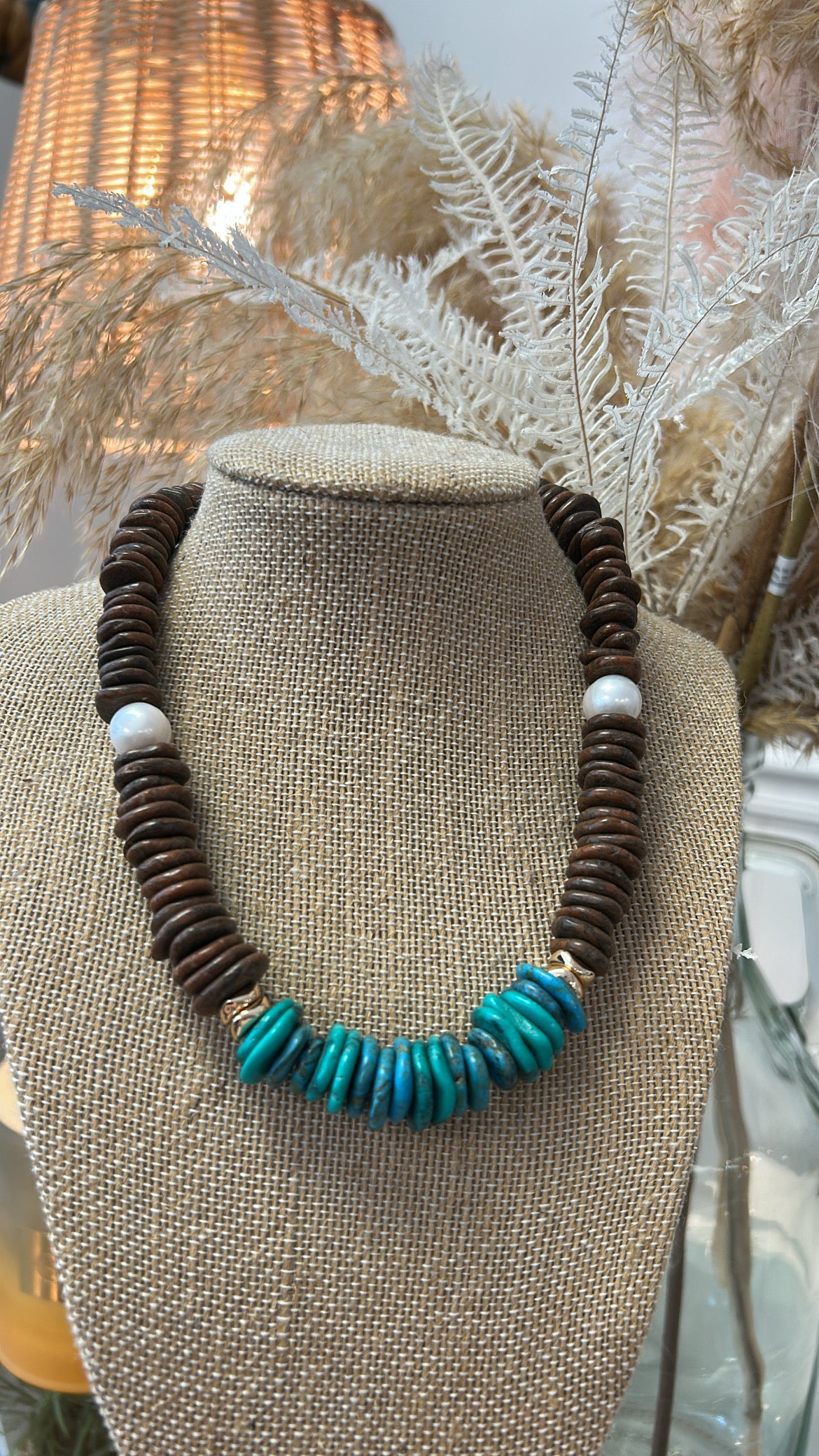 Turquoise, Pearl & Brown Beaded Necklace D1