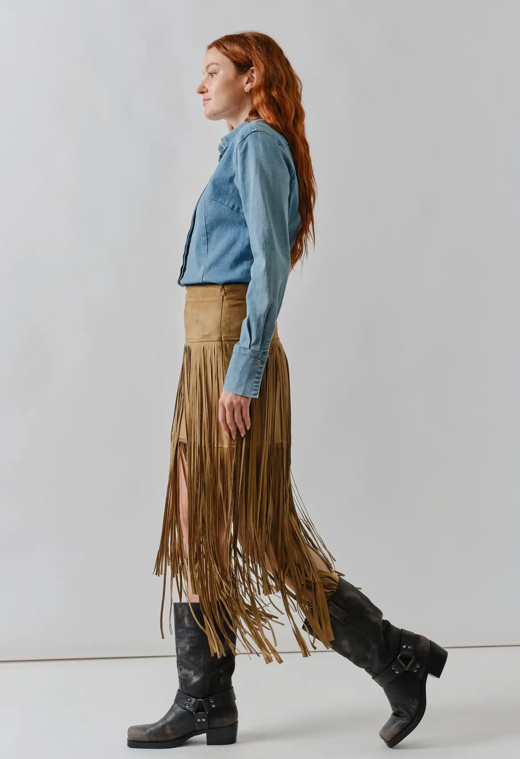 Suede Fringe Midi Skirts
