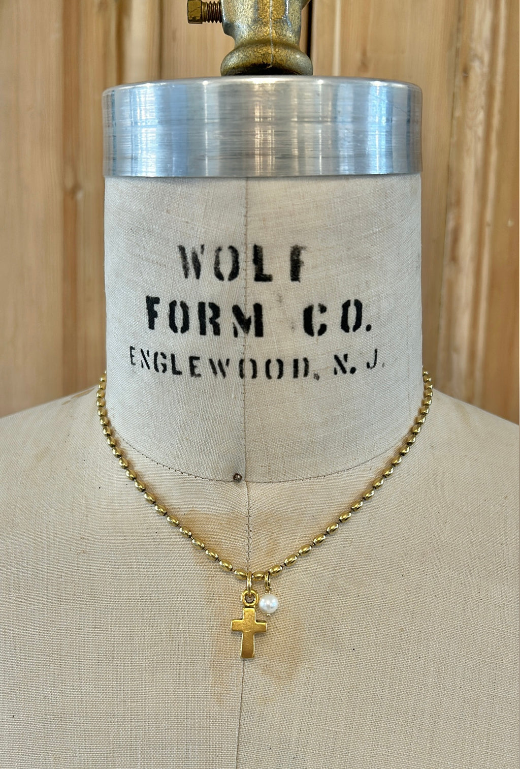 Gold Rice Beaded Necklace with Cross & Pearl 105