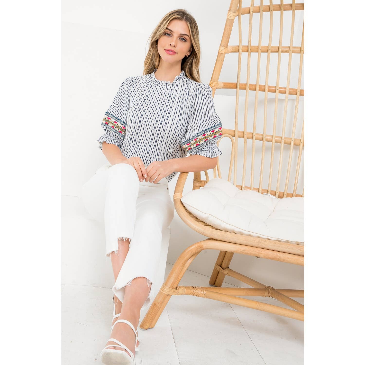 White Stripe Embroidered Top with Ruffle Elbow