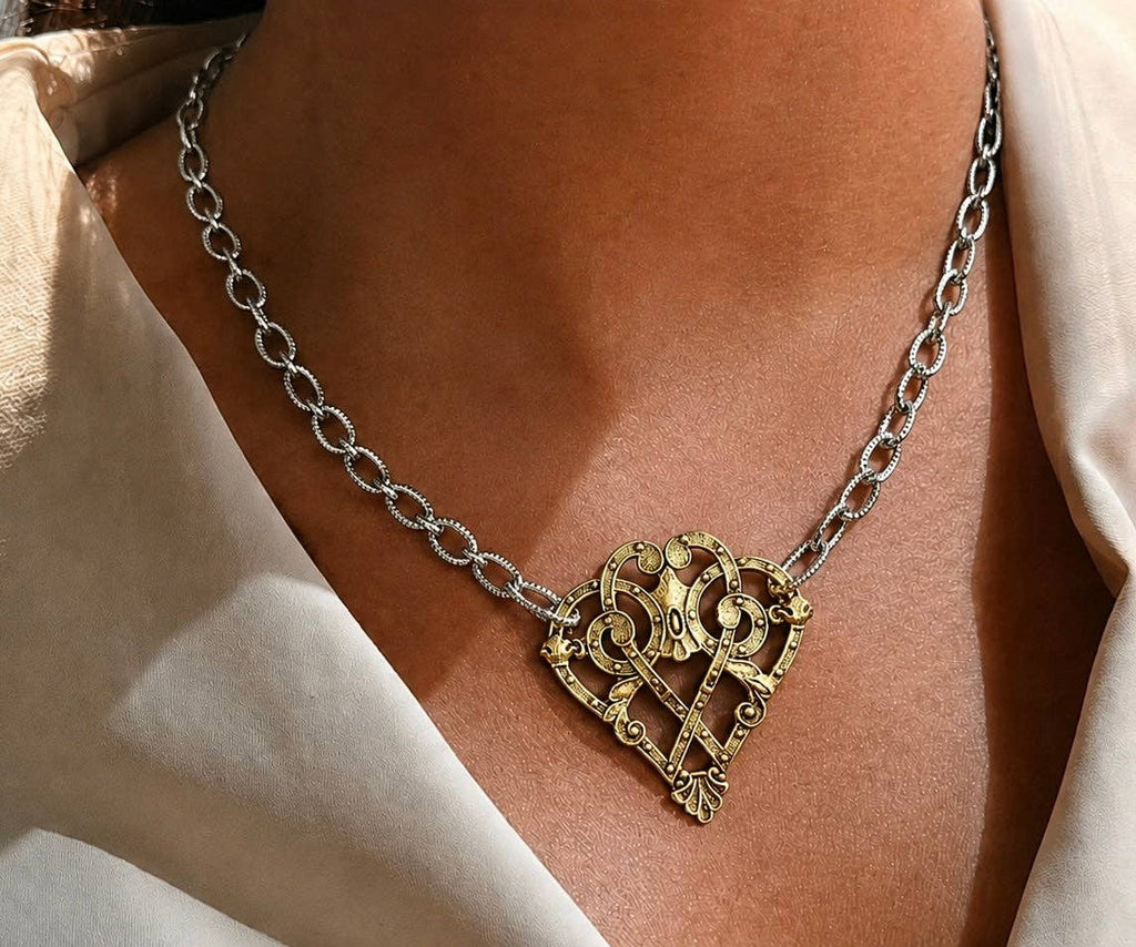 Mixed Metal Sterling and Gold Plated 17" Chain with Vintage Reproduction Scroll Heart