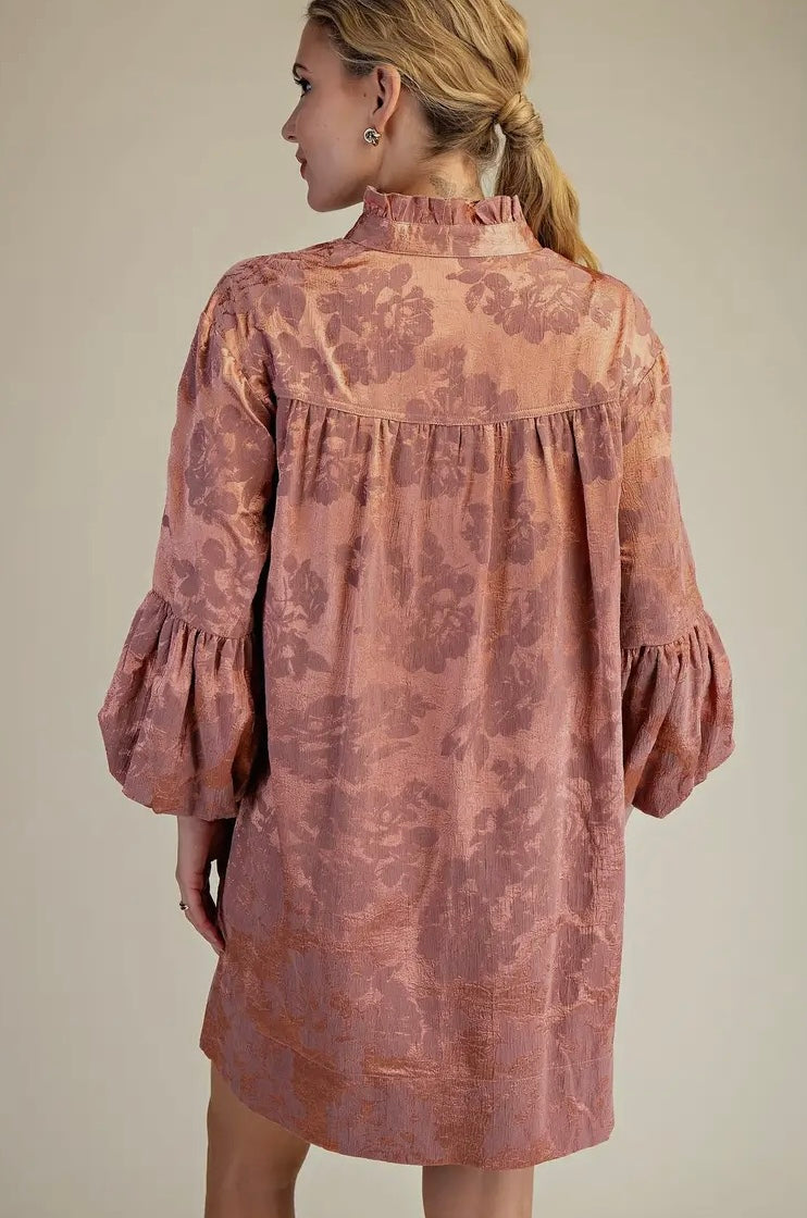 Ruffled Neck Bubble Sleeve Dress