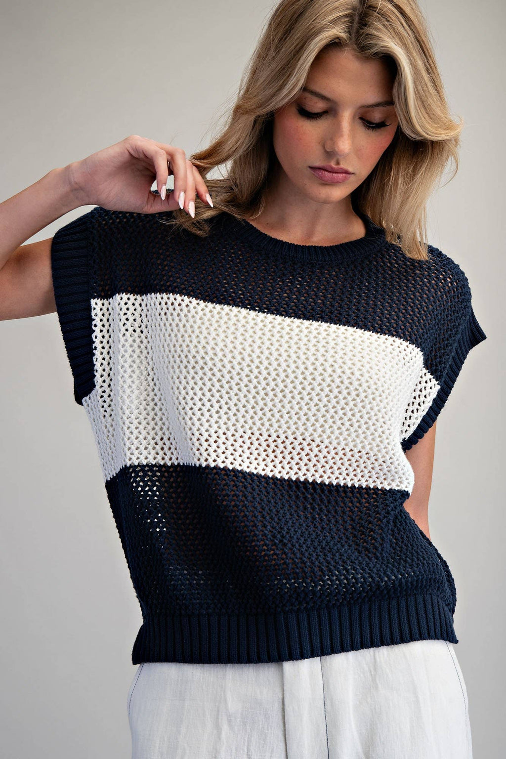 Open Knit Cap Sleeve Sweater Top