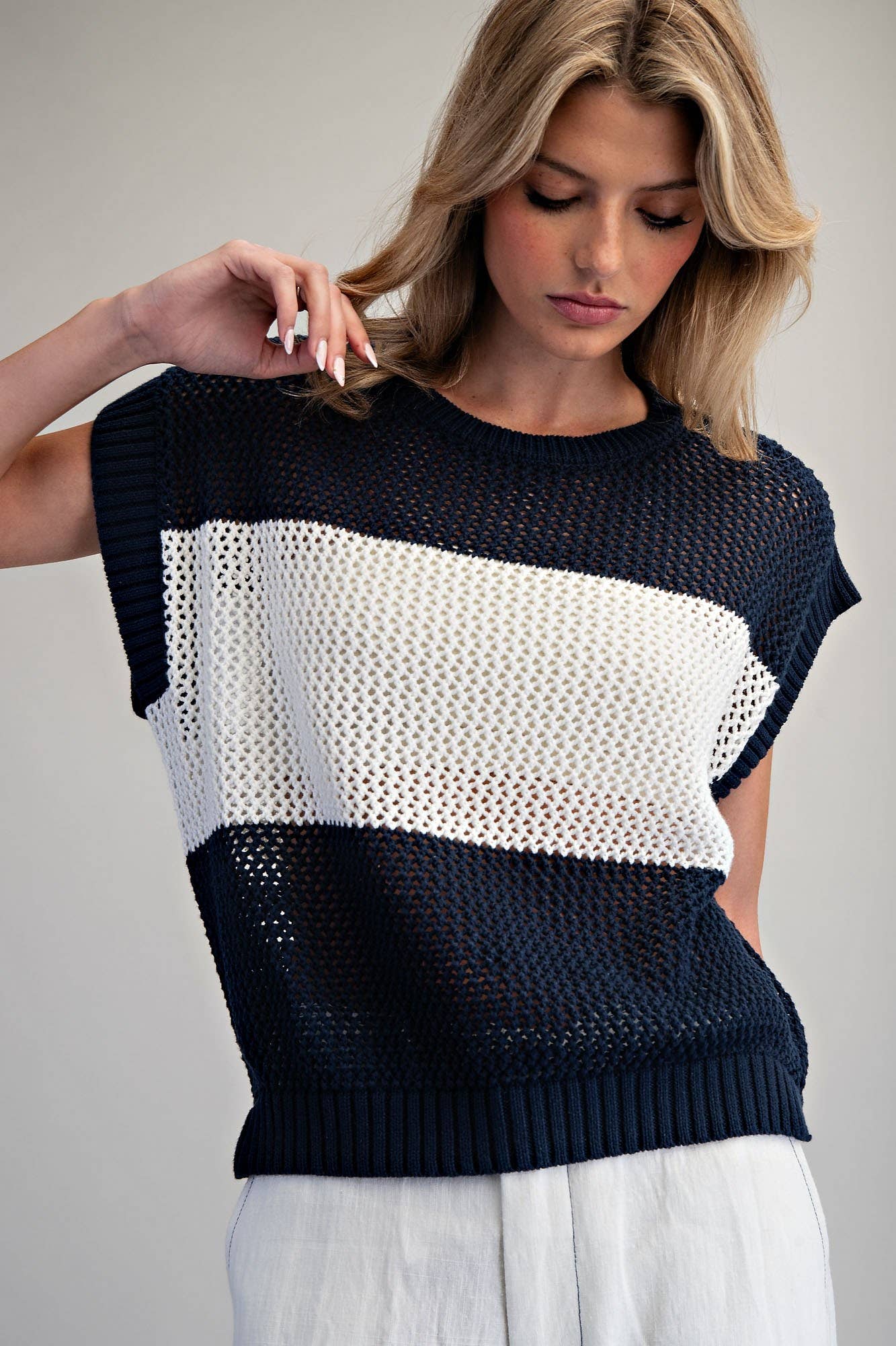 Open Knit Cap Sleeve Sweater Top