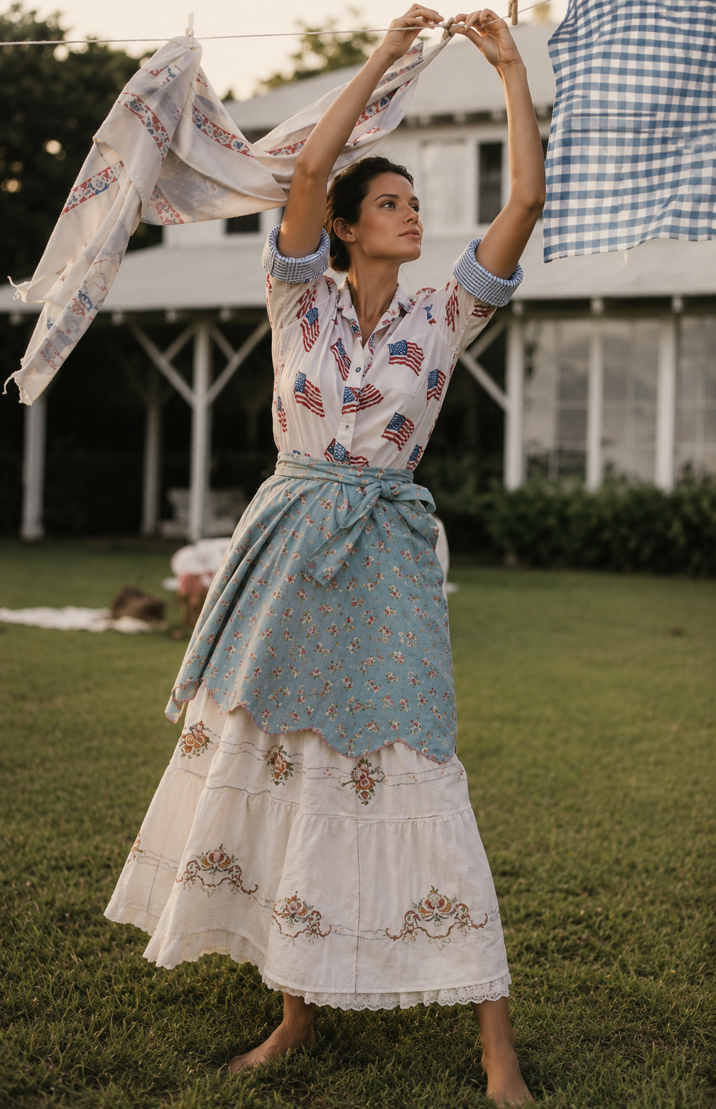 3/4 Sleeve Cotton Flag Print Blouse in White