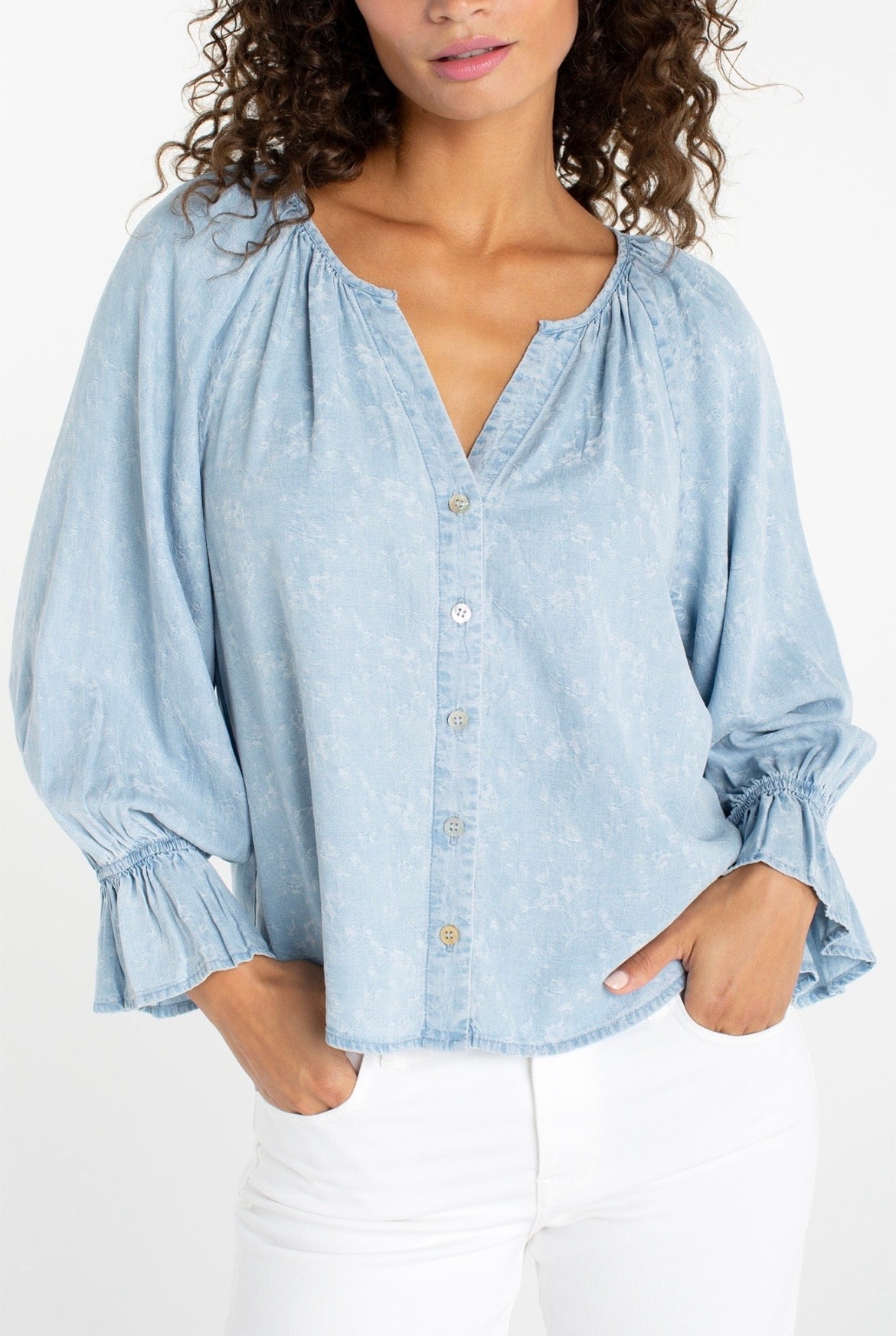 Liverpool 3/4 Sleeve Button Front Woven Top