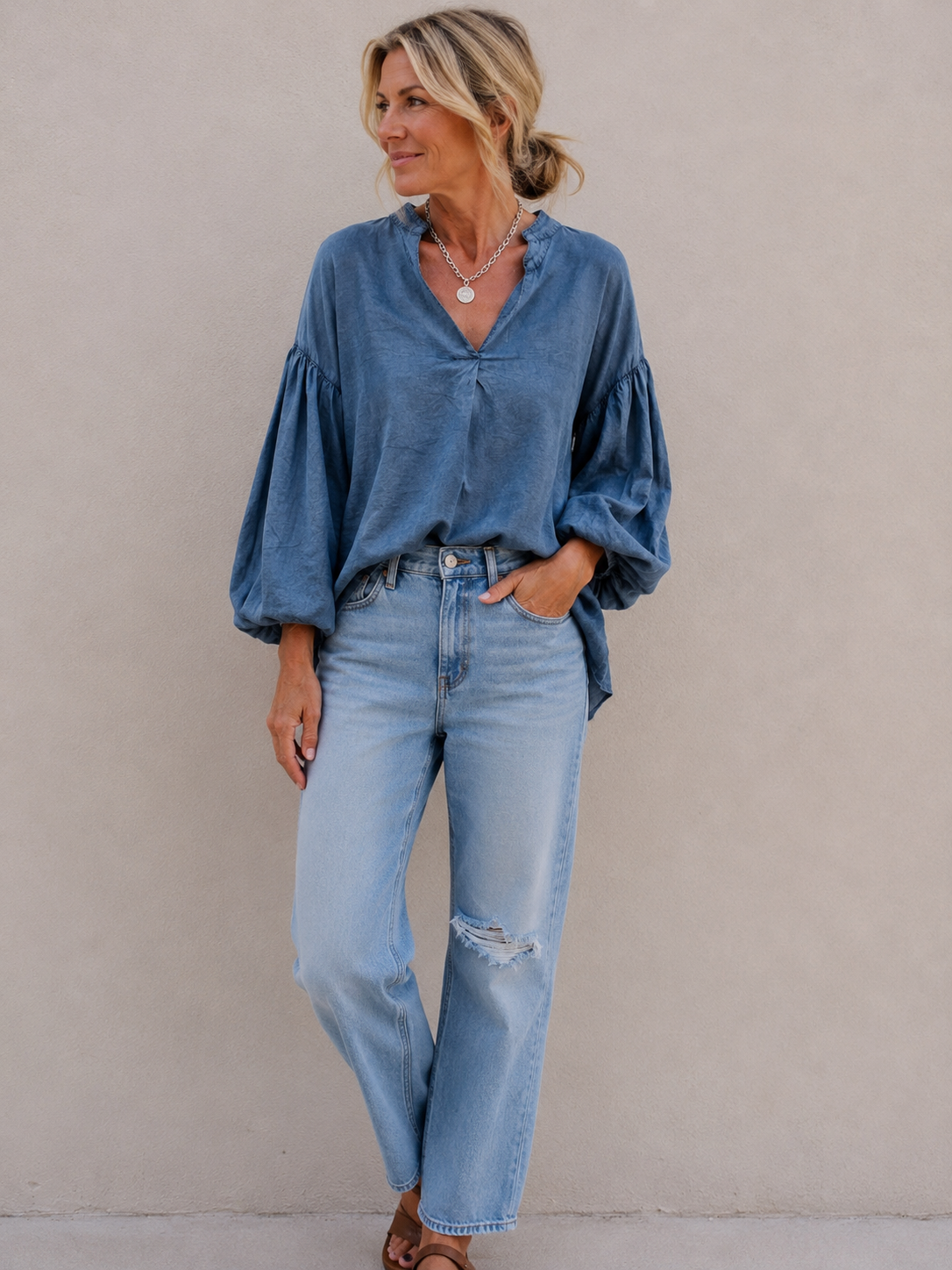 Washed Cotton Popover Top