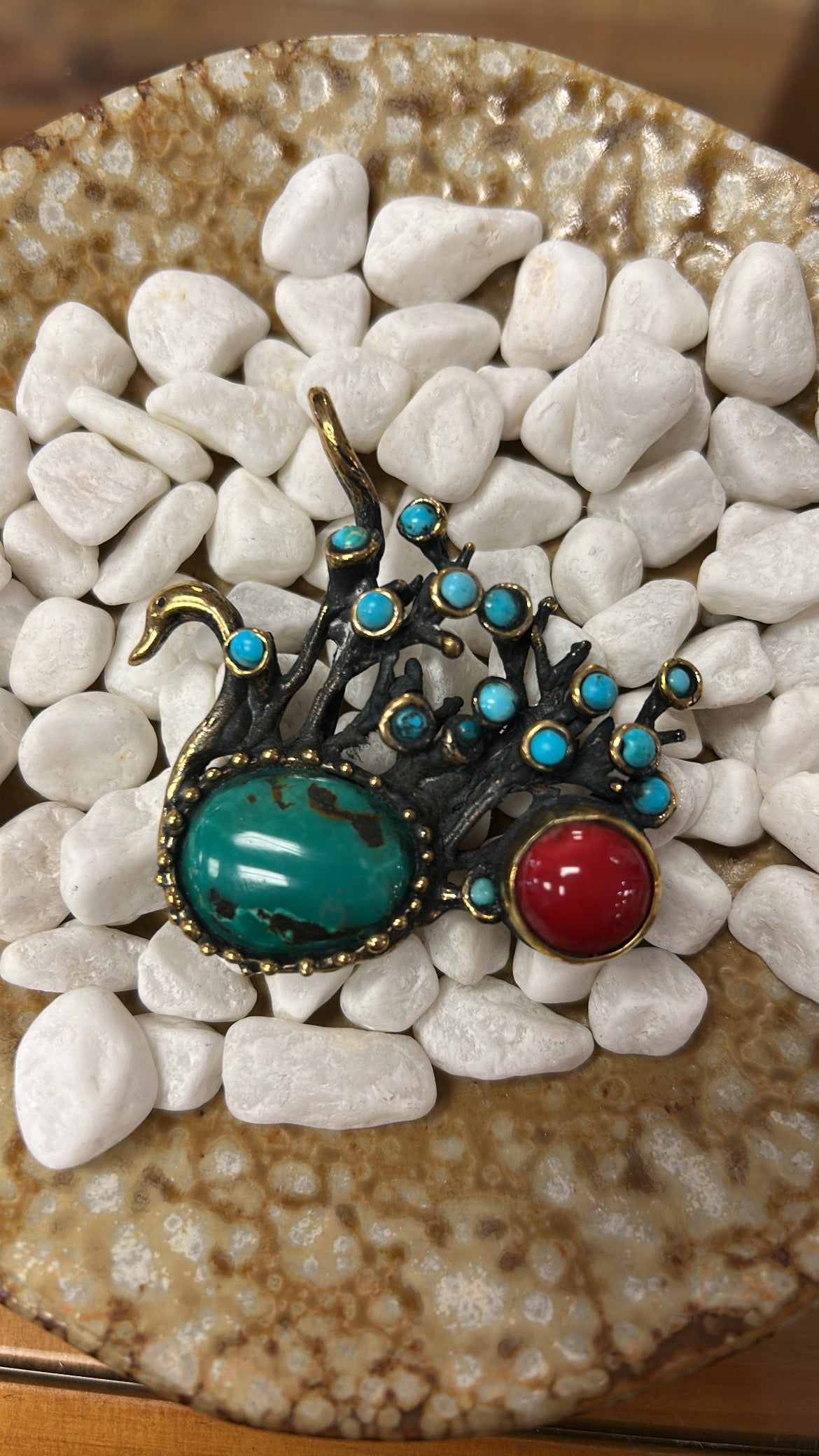 Handcrafted Ethnic Bronze Swan Pendant with Natural Turquoise and Coral Stones