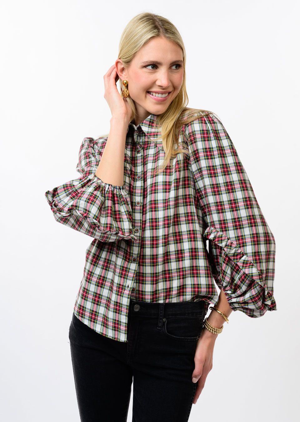 Plaid Balloon Sleeve Top
