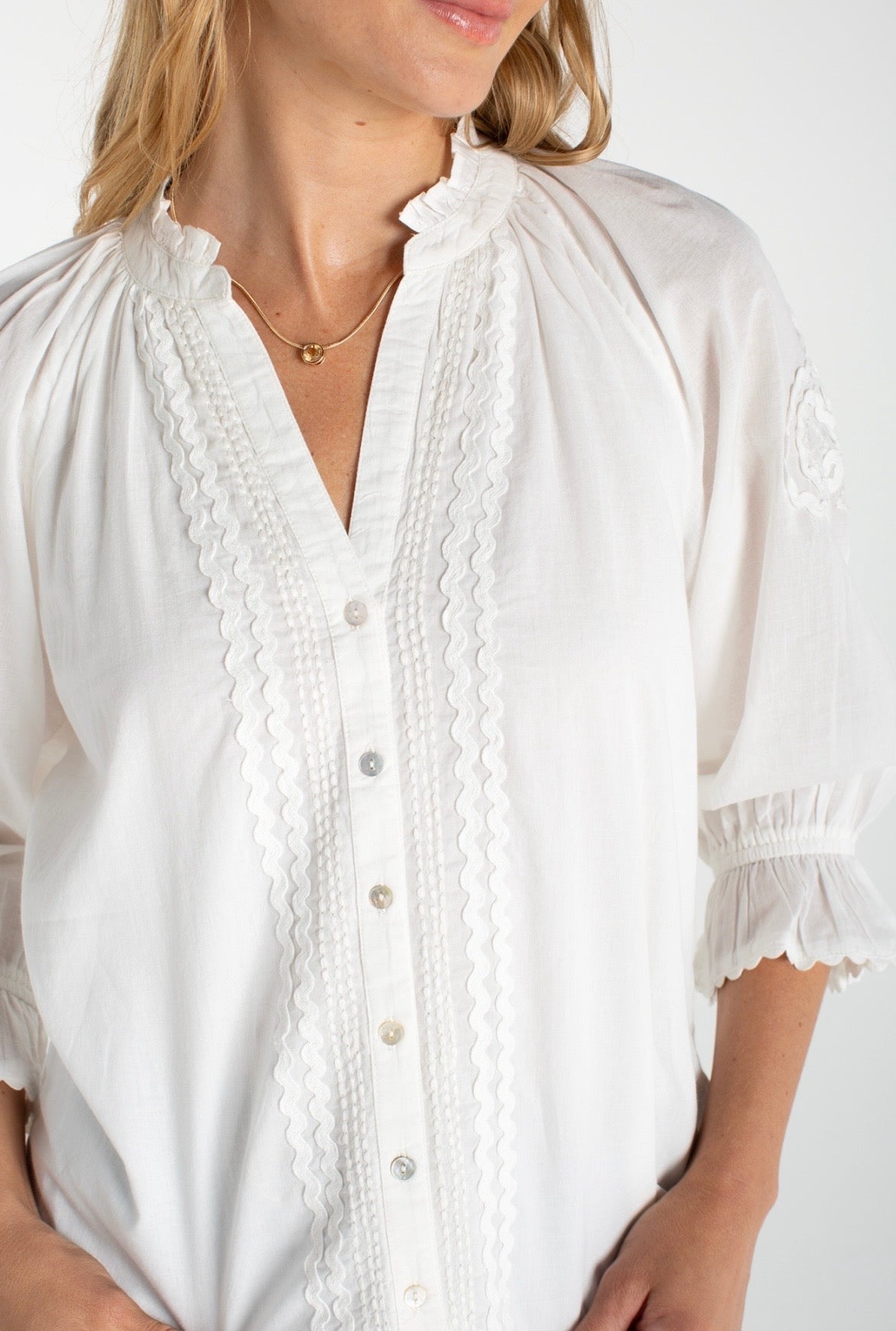 3/4 Sleeve Button Front Woven Top