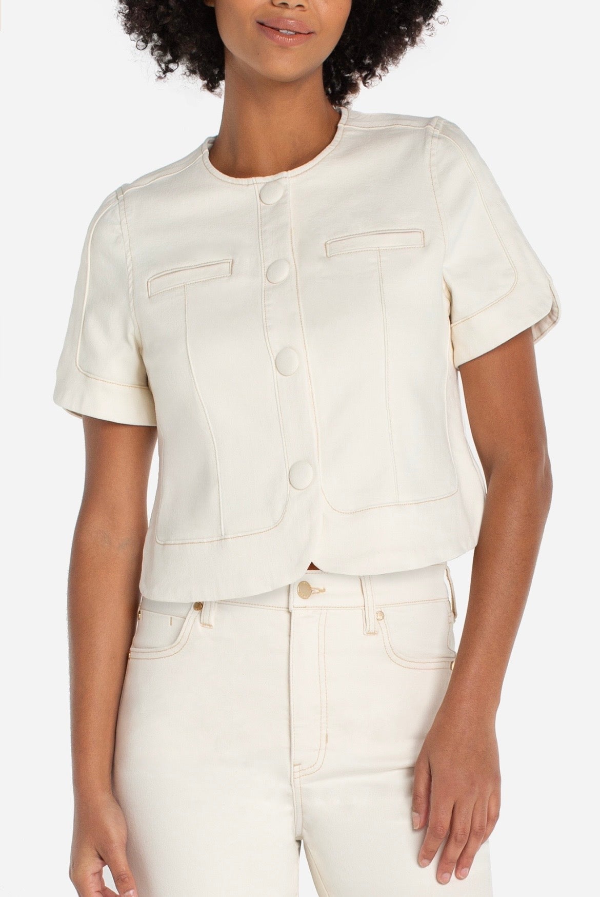 Collarless Short Sleeve Cropped Jacket