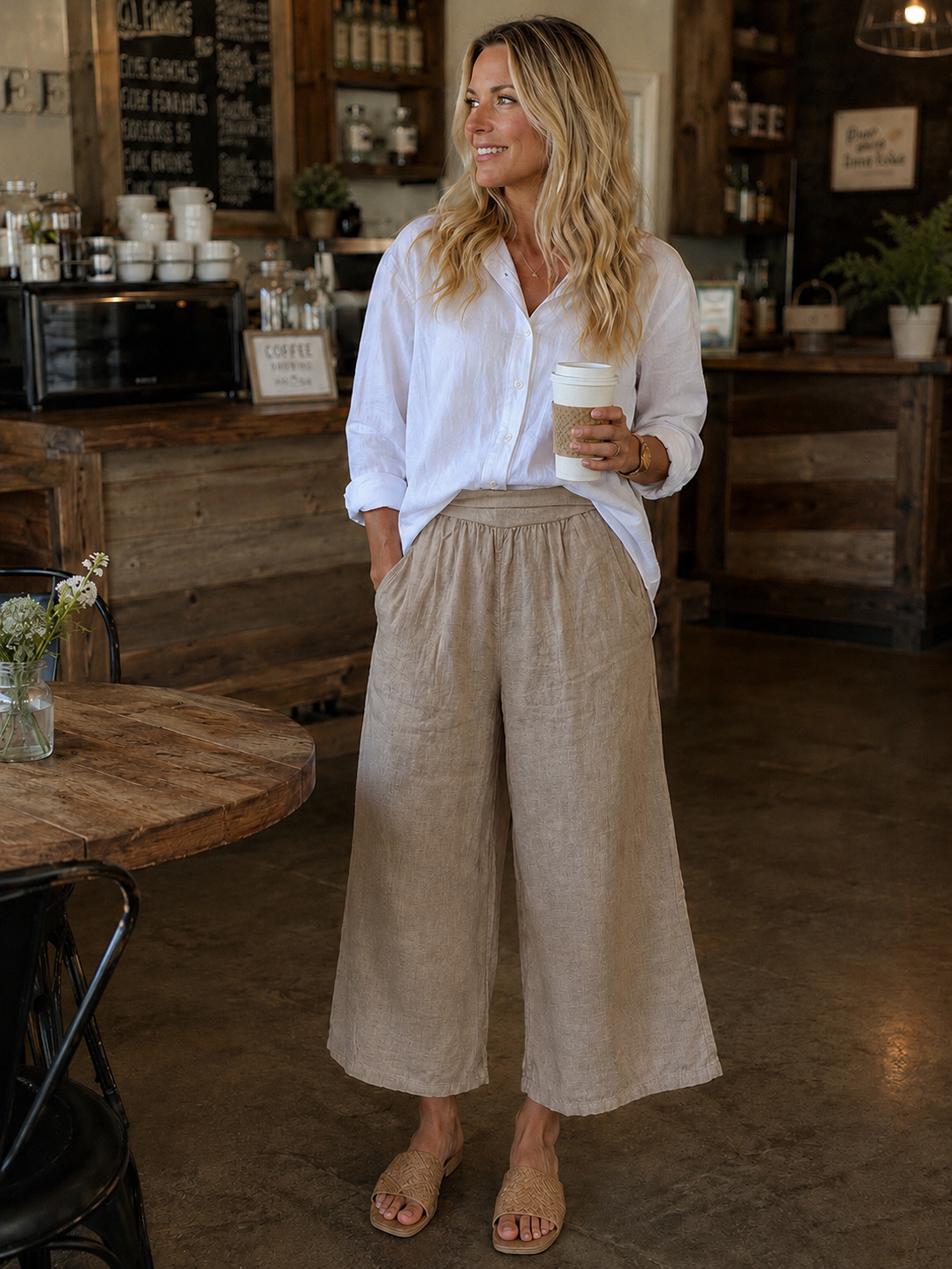 Fold Over Waist Palazzo Linen Pant