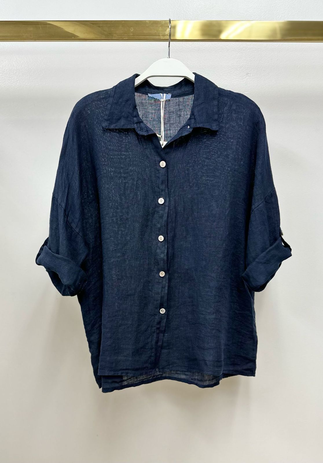 Linen Button Up Roll Tab Sleeve Top