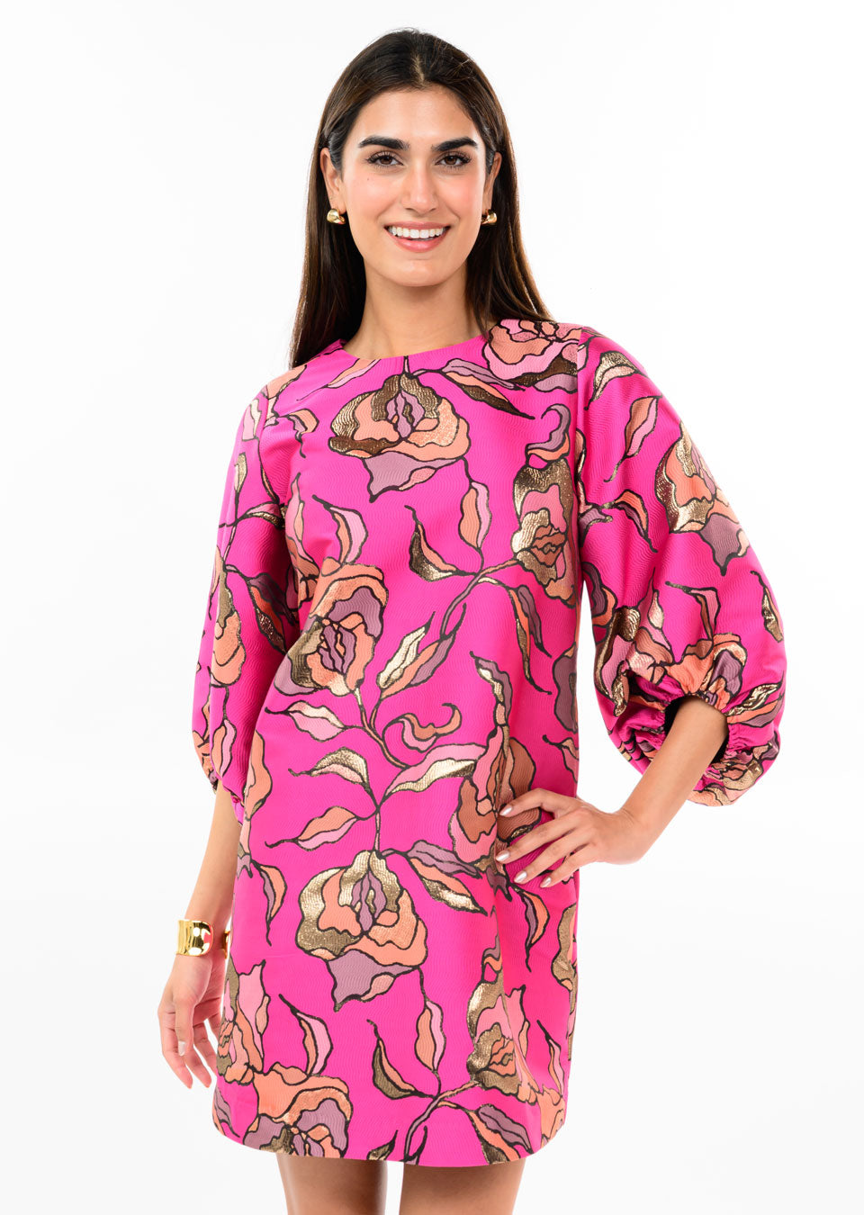 Metallic Brocade Dress W/Gathered Sleeves