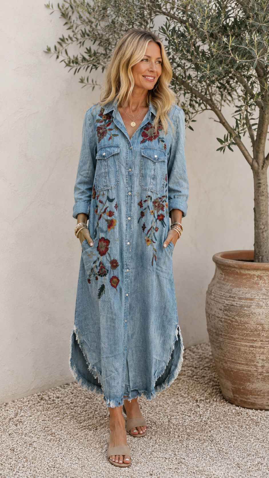Embroidered Denim Dress