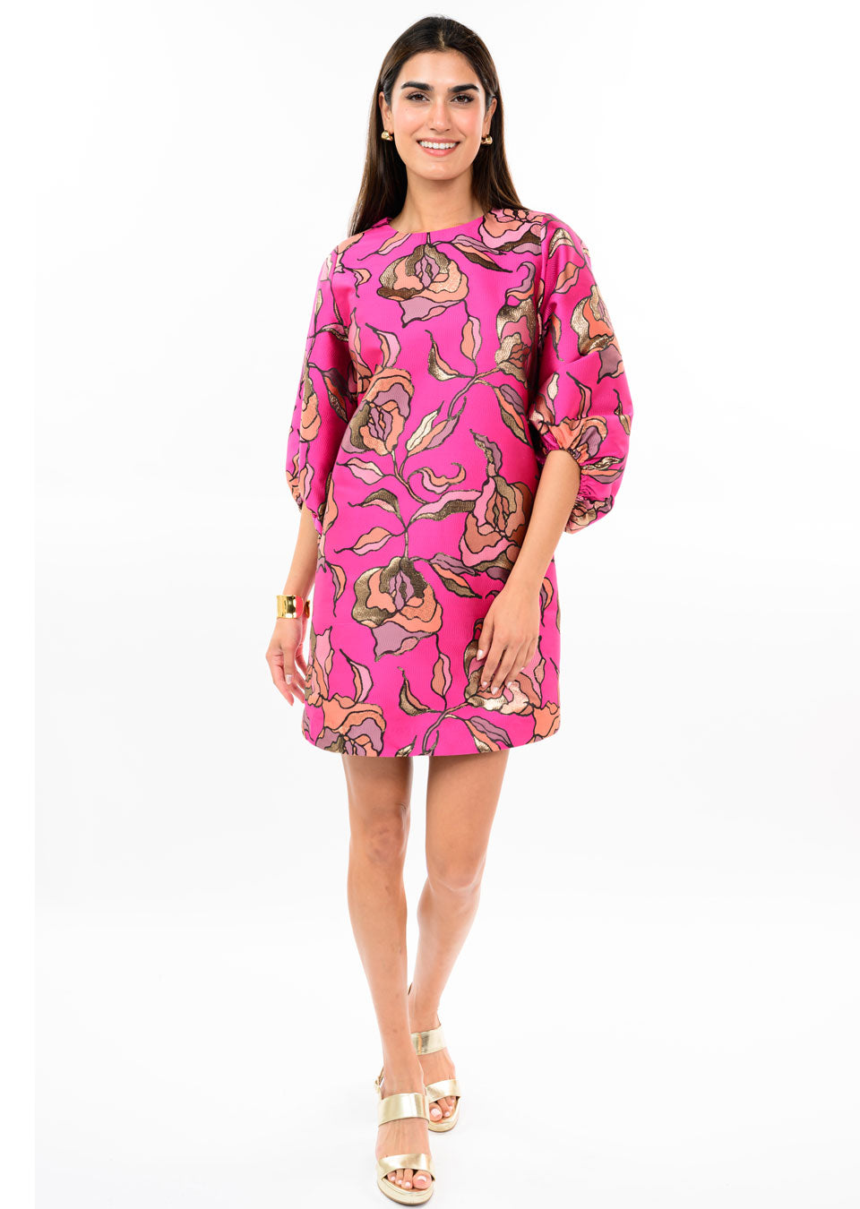 Metallic Brocade Dress W/Gathered Sleeves