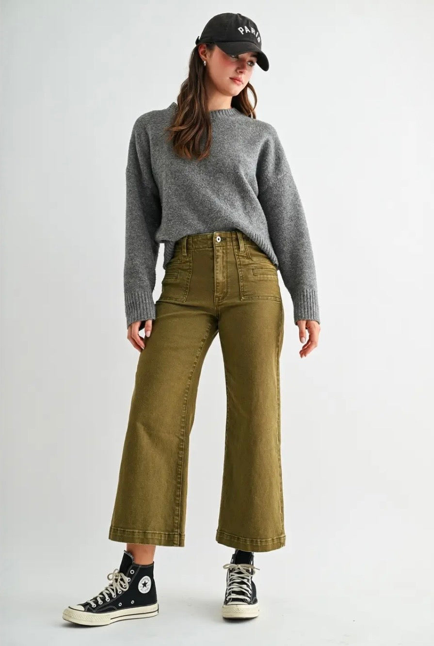 High Rise Wide Crop Patch Pocket Jeans