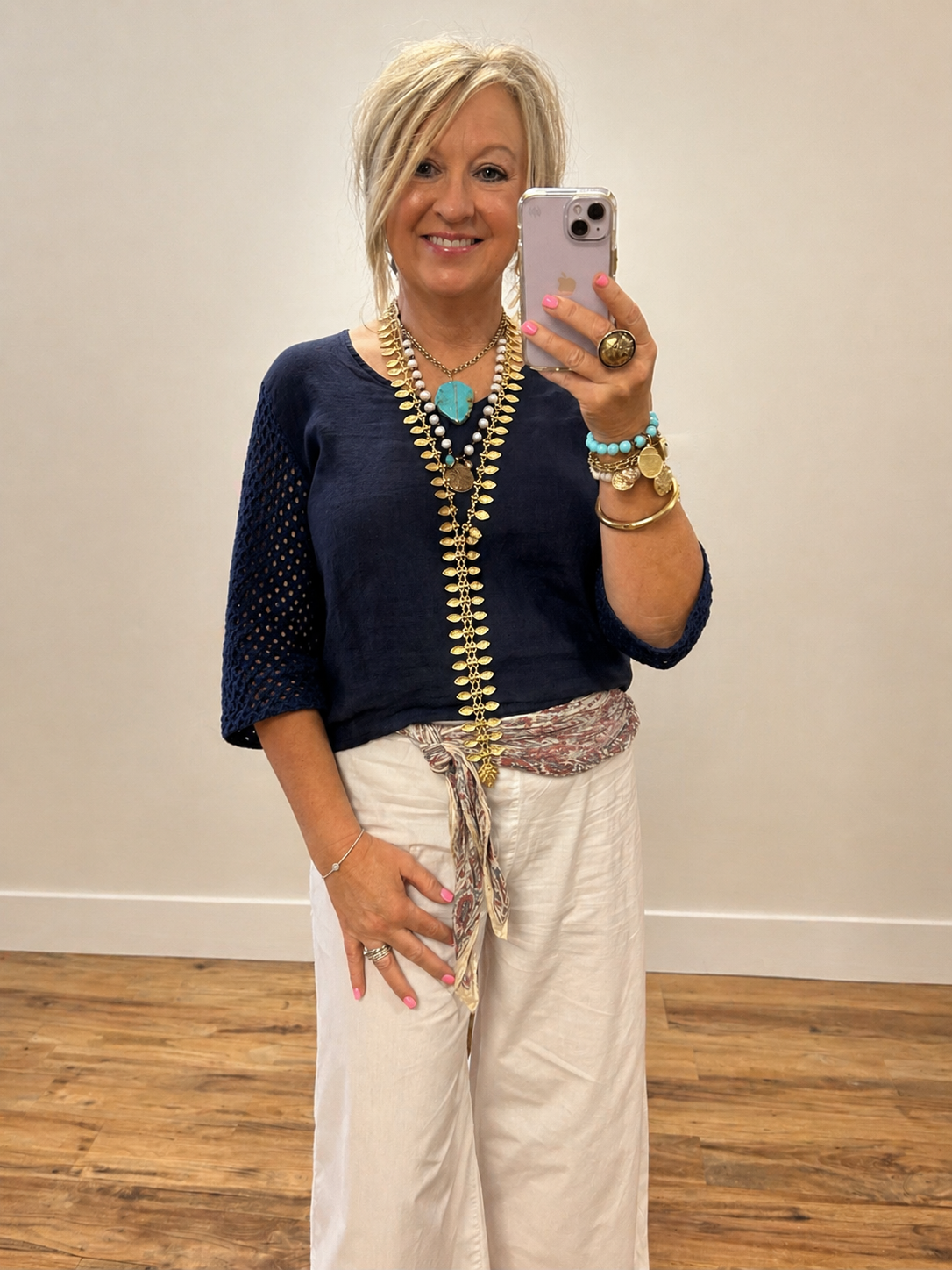 Navy Textured Sleeve Top